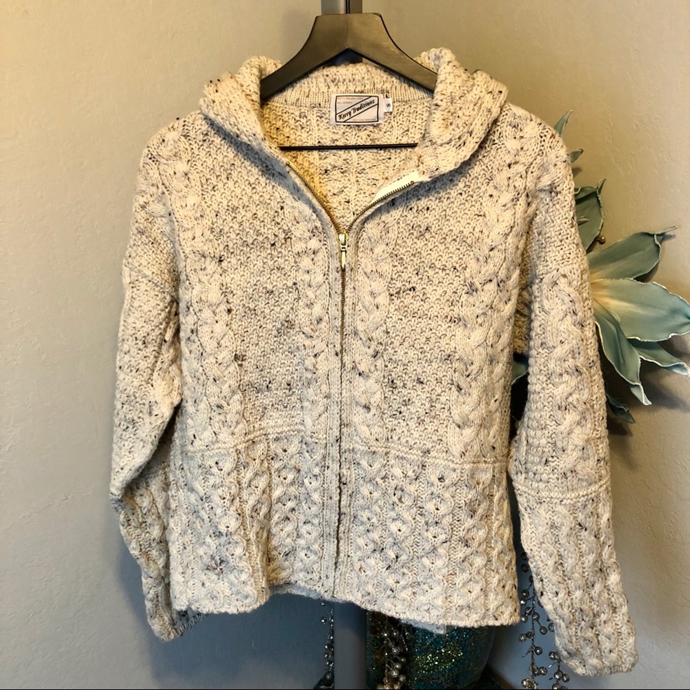 Hooded Cable Knit Zip Cardigan Sweater - Cream Speckle